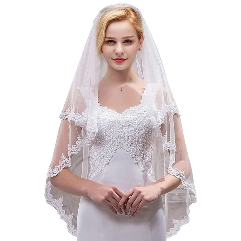 New Bridal Wedding Veil 2 Tier Tulle Sheer Lace Wedding with Comb